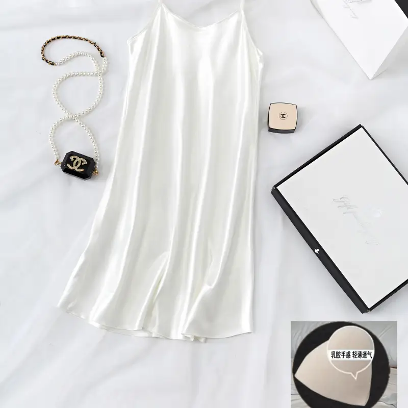 Carefully Selected All-In-One Ice Silk Camisole Nightgown with Built-In Chest Pads for Women, Summer Sexy Pure Desire Style Home Wear Silk Pajamas — feature 5