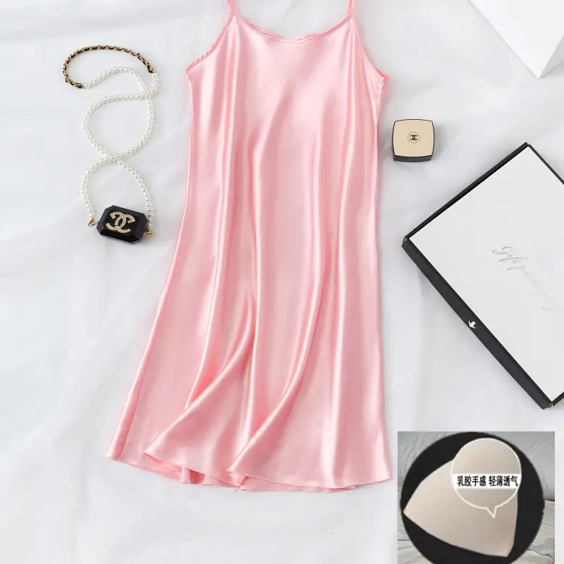 Carefully Selected All-In-One Ice Silk Camisole Nightgown with Built-In Chest Pads for Women, Summer Sexy Pure Desire Style Home Wear Silk Pajamas — feature 6