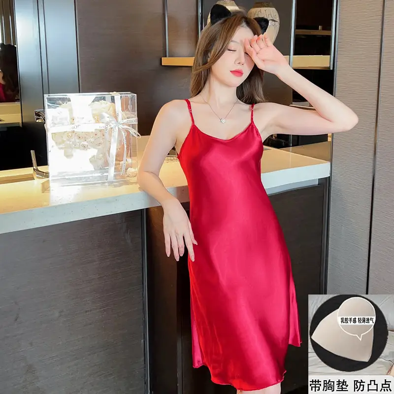 Carefully Selected All-In-One Ice Silk Camisole Nightgown with Built-In Chest Pads for Women, Summer Sexy Pure Desire Style Home Wear Silk Pajamas — feature 9