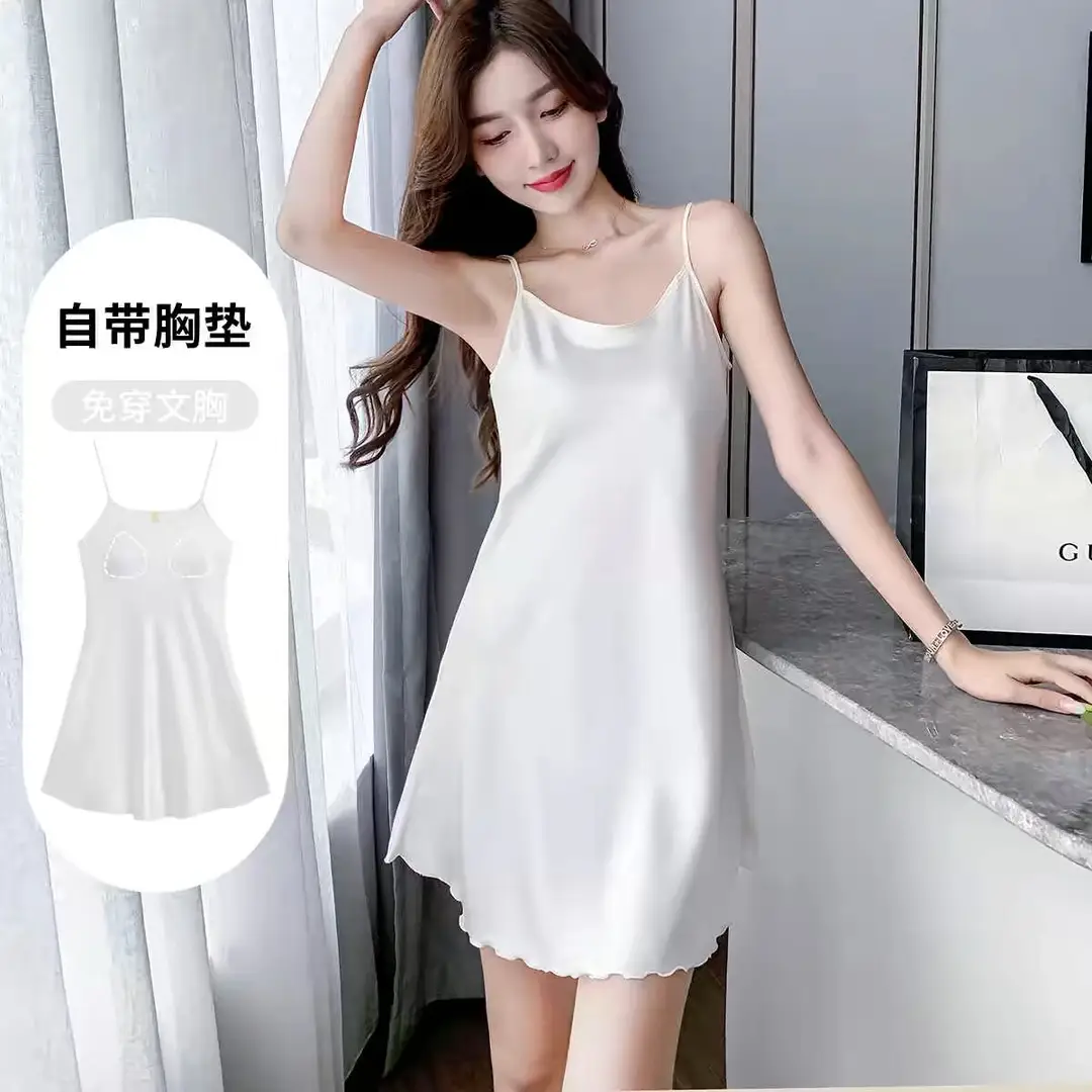 Carefully Selected All-In-One Ice Silk Camisole Nightgown with Built-In Chest Pads for Women, Summer Sexy Pure Desire Style Home Wear Silk Pajamas