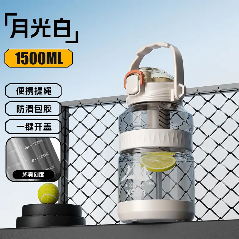 2000ml Large Capacity Pop-Up Lid Dual-Drink Press-Type Sports Water Bottle with Tea Infuser and Carrying Strap for Home, Office, and Outdoor Use