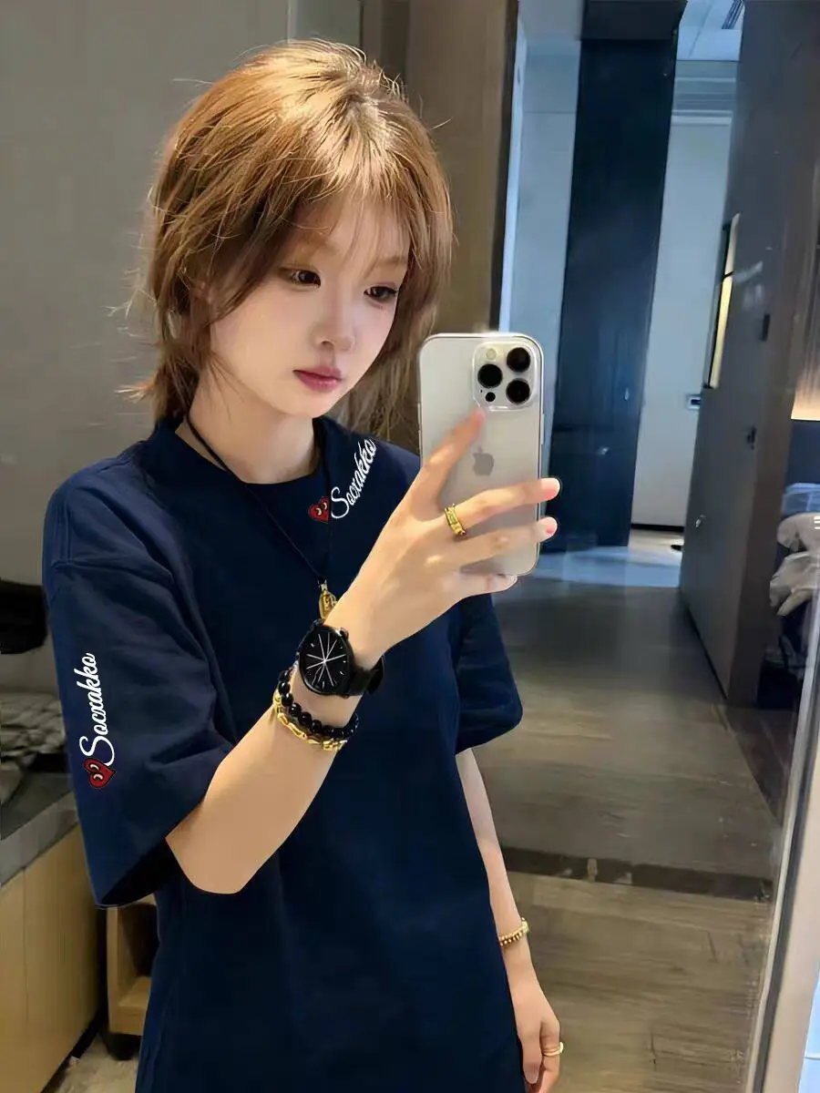 Navy Blue Pure Cotton Short-Sleeved T-Shirt for Women, Summer College Style High Street Student Loose Oversize Half-Sleeved Top Ins
