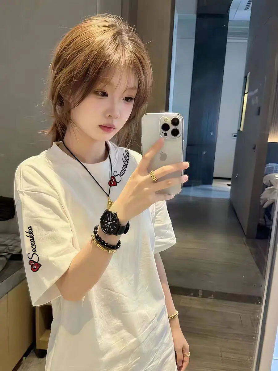 Navy Blue Pure Cotton Short-Sleeved T-Shirt for Women, Summer College Style High Street Student Loose Oversize Half-Sleeved Top Ins
