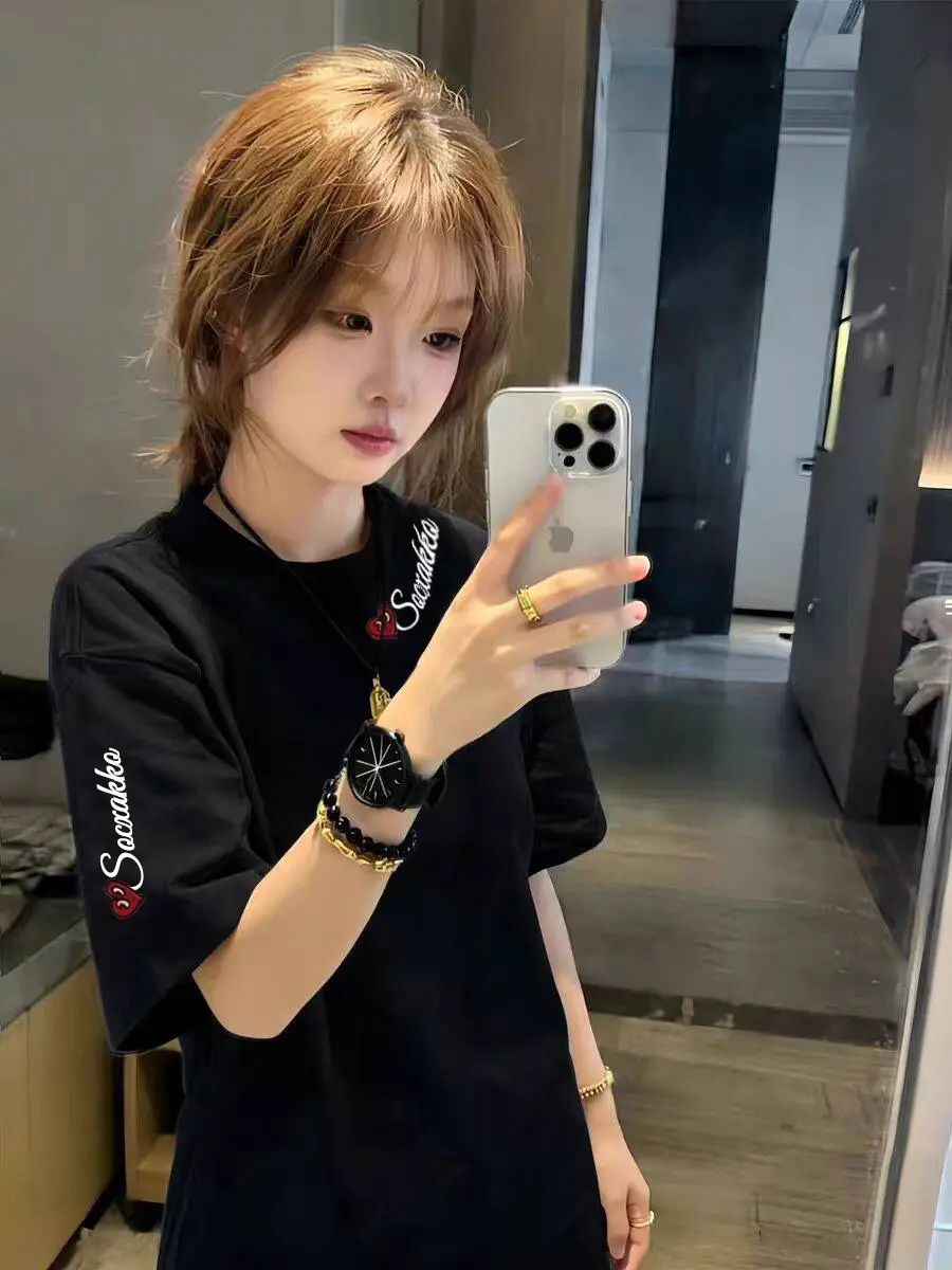 Navy Blue Pure Cotton Short-Sleeved T-Shirt for Women, Summer College Style High Street Student Loose Oversize Half-Sleeved Top Ins