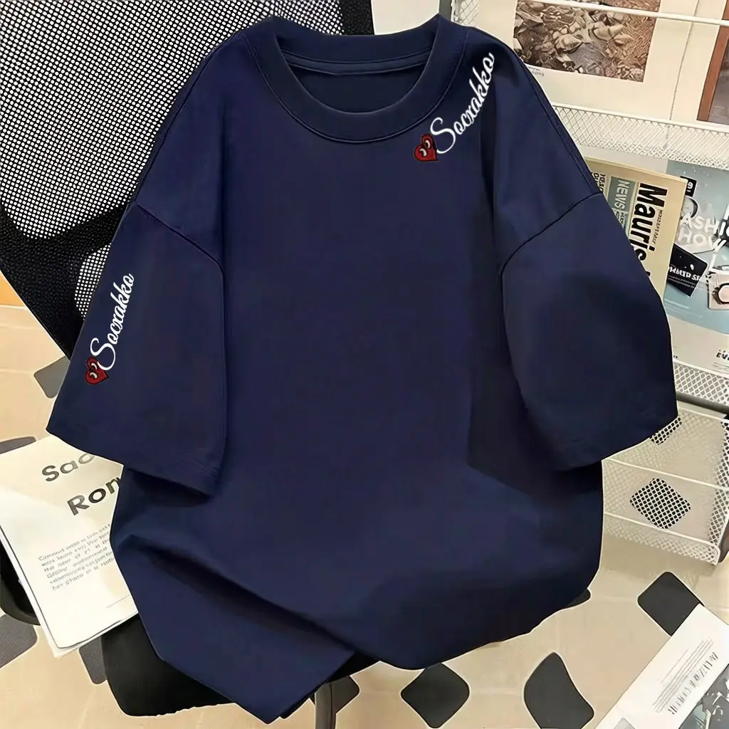 Navy Blue Pure Cotton Short-Sleeved T-Shirt for Women, Summer College Style High Street Student Loose Oversize Half-Sleeved Top Ins — feature 7