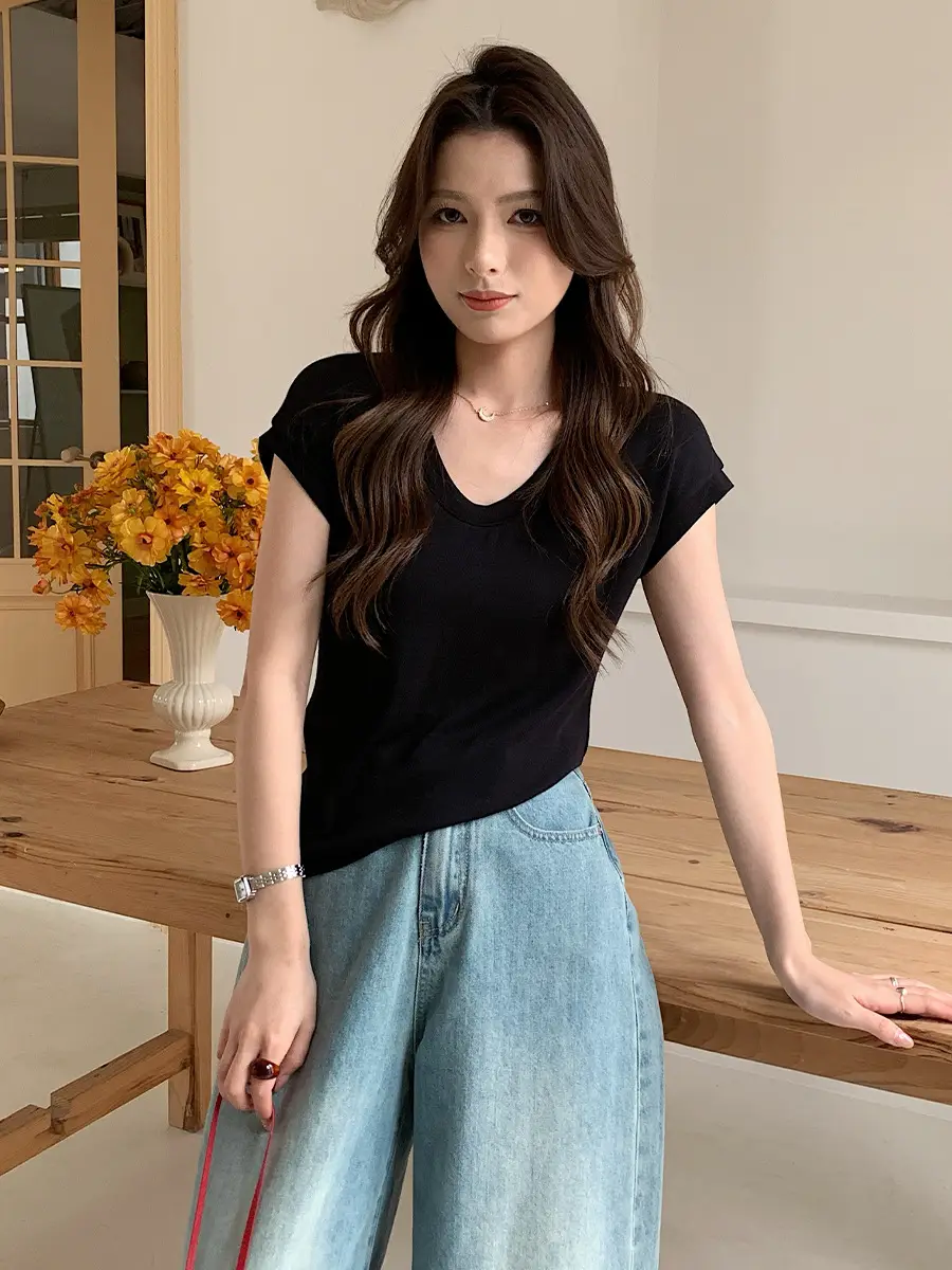 Sen Island Silk Wool Short Sleeve Modal Women's Flutter Sleeve U-Neck T-Shirt Petite Design Versatile Base Layer Top