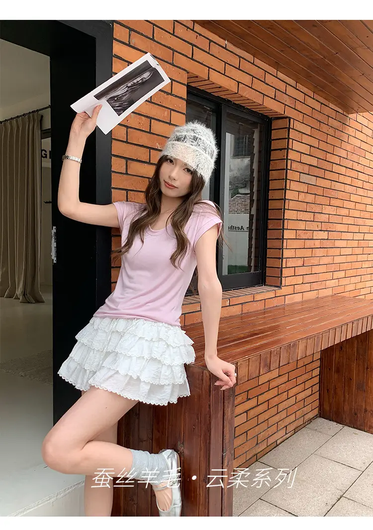 Sen Island Silk Wool Short Sleeve Modal Women's Flutter Sleeve U-Neck T-Shirt Petite Design Versatile Base Layer Top — feature 1