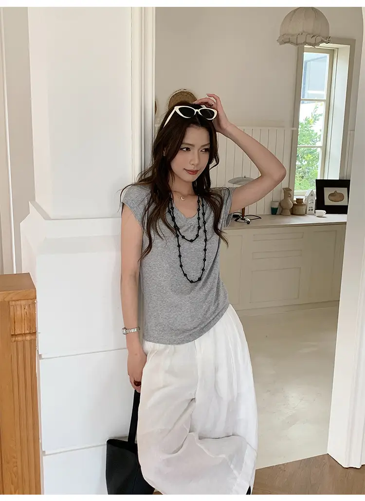 Sen Island Silk Wool Short Sleeve Modal Women's Flutter Sleeve U-Neck T-Shirt Petite Design Versatile Base Layer Top — feature 18
