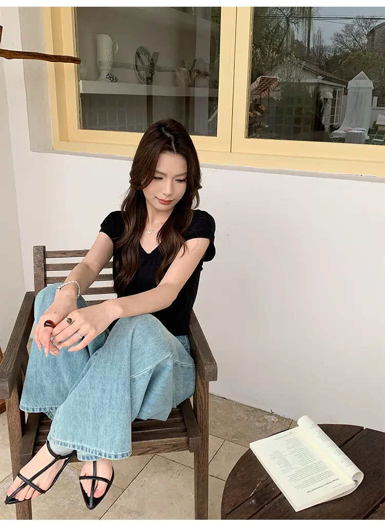 Sen Island Silk Wool Short Sleeve Modal Women's Flutter Sleeve U-Neck T-Shirt Petite Design Versatile Base Layer Top — feature 20
