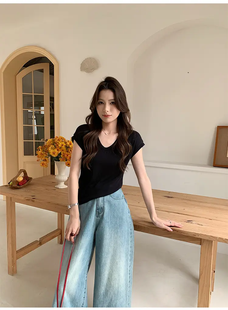 Sen Island Silk Wool Short Sleeve Modal Women's Flutter Sleeve U-Neck T-Shirt Petite Design Versatile Base Layer Top — feature 21