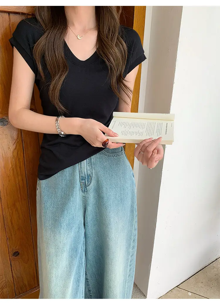 Sen Island Silk Wool Short Sleeve Modal Women's Flutter Sleeve U-Neck T-Shirt Petite Design Versatile Base Layer Top — feature 22