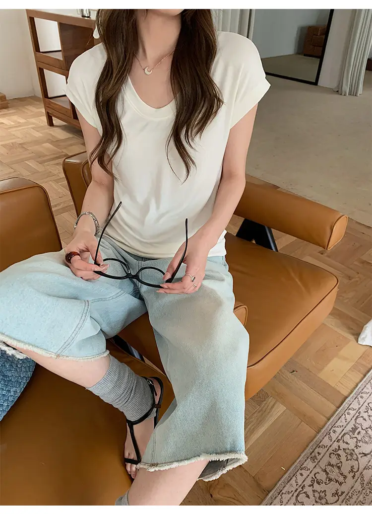 Sen Island Silk Wool Short Sleeve Modal Women's Flutter Sleeve U-Neck T-Shirt Petite Design Versatile Base Layer Top — feature 25