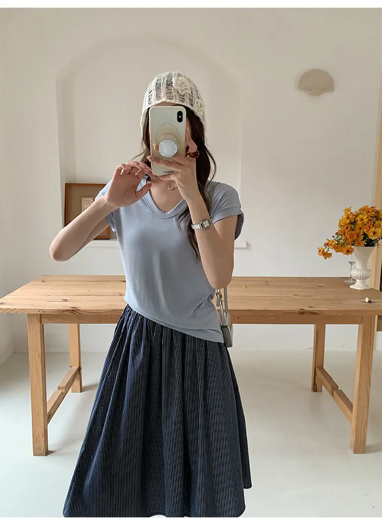 Sen Island Silk Wool Short Sleeve Modal Women's Flutter Sleeve U-Neck T-Shirt Petite Design Versatile Base Layer Top — feature 29