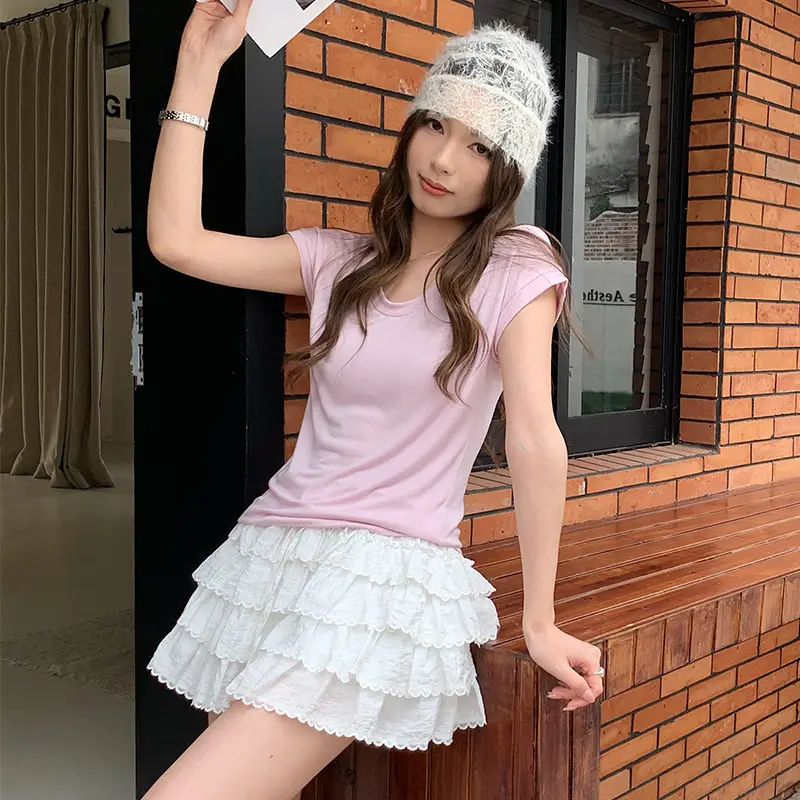 Sen Island Silk Wool Short Sleeve Modal Women's Flutter Sleeve U-Neck T-Shirt Petite Design Versatile Base Layer Top
