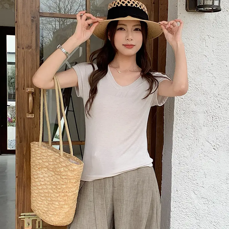 Sen Island Silk Wool Short Sleeve Modal Women's Flutter Sleeve U-Neck T-Shirt Petite Design Versatile Base Layer Top