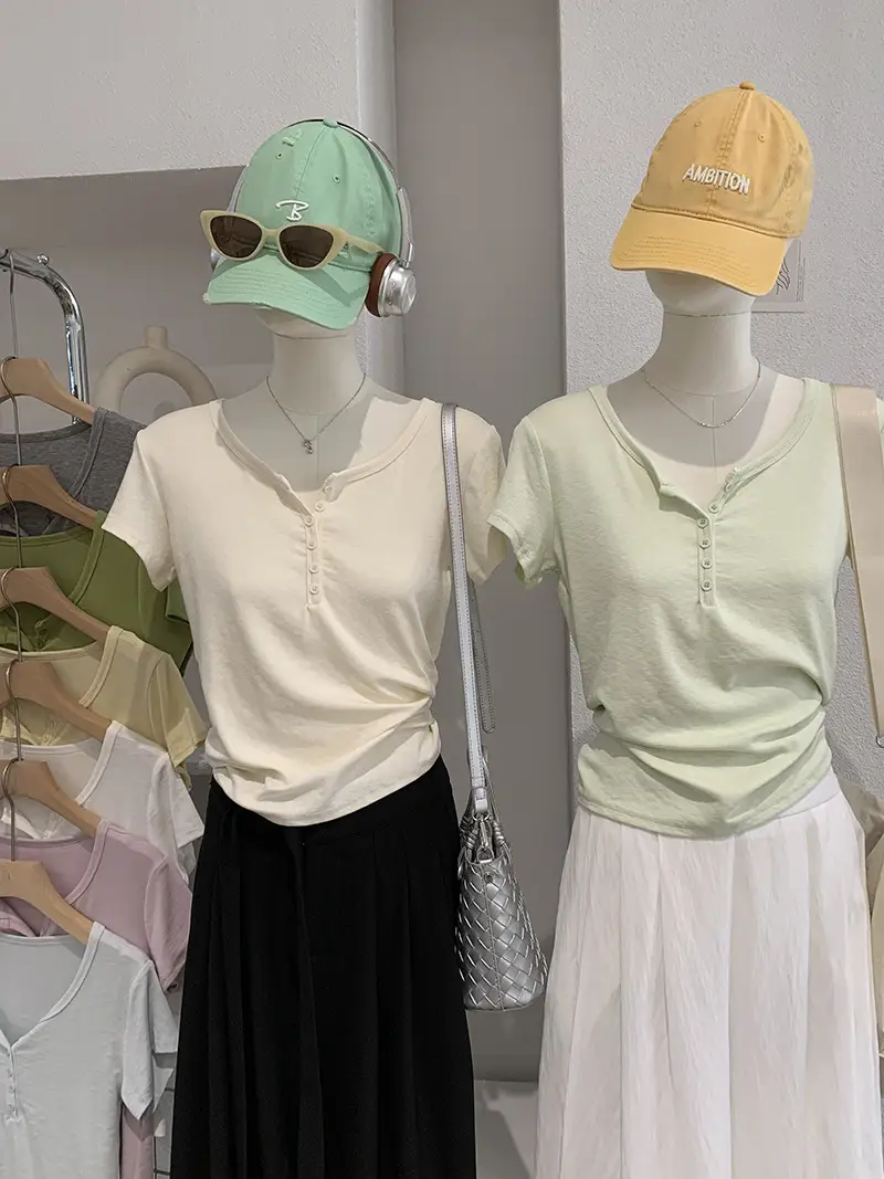Omalai V-Neck Buttoned Short-Sleeved T-Shirt for Women 2026 Summer Slim Fit Stretchy Pure Color Top 7063