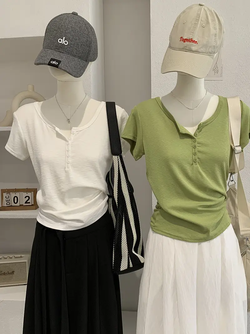 Omalai V-Neck Buttoned Short-Sleeved T-Shirt for Women 2026 Summer Slim Fit Stretchy Pure Color Top 7063