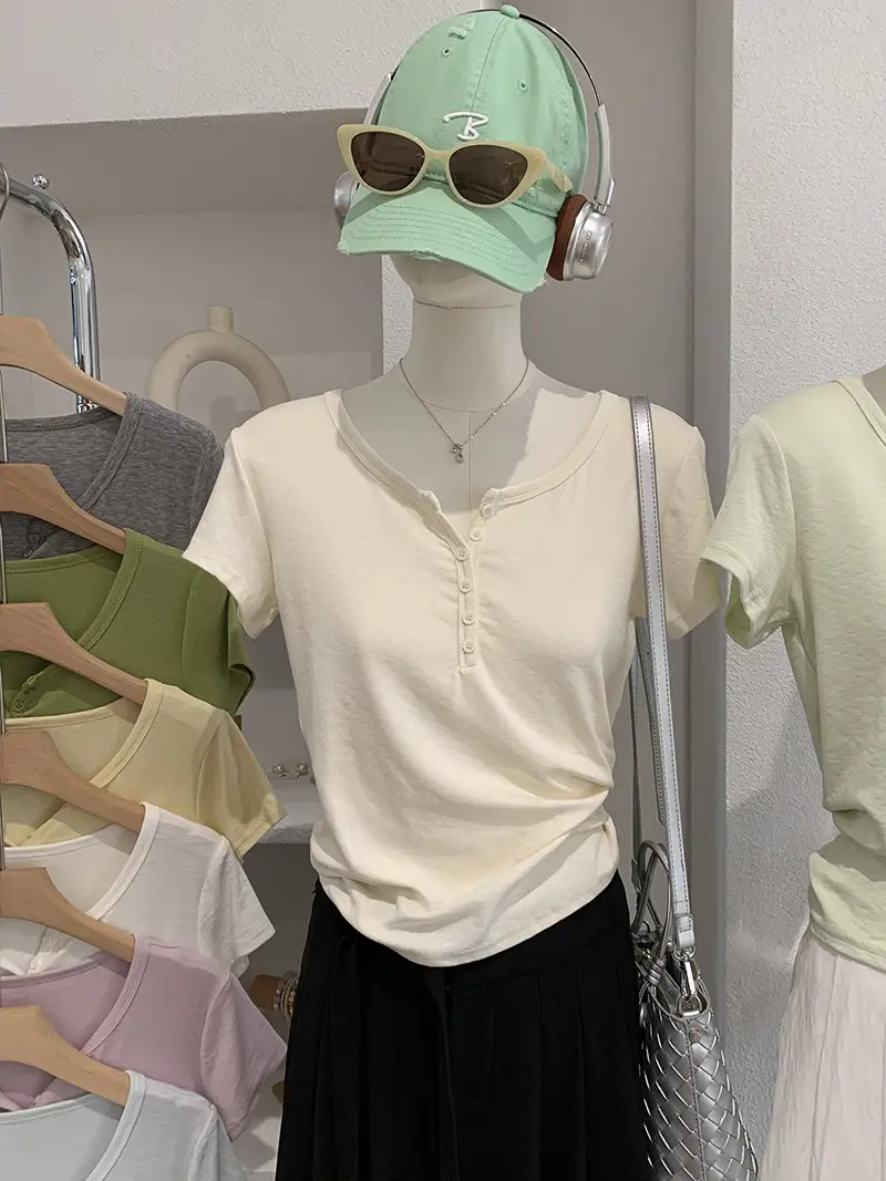 Omalai V-Neck Buttoned Short-Sleeved T-Shirt for Women 2026 Summer Slim Fit Stretchy Pure Color Top 7063
