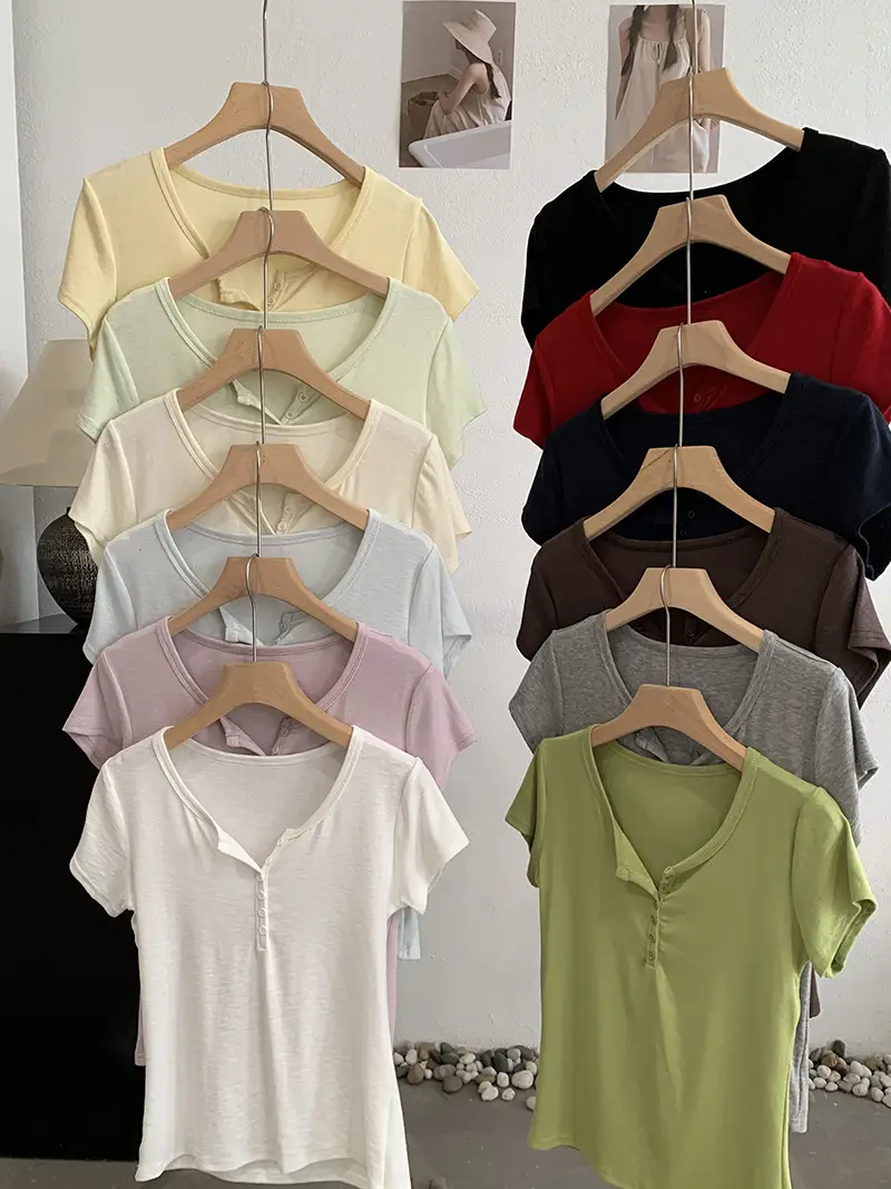 Omalai V-Neck Buttoned Short-Sleeved T-Shirt for Women 2026 Summer Slim Fit Stretchy Pure Color Top 7063 — feature 12