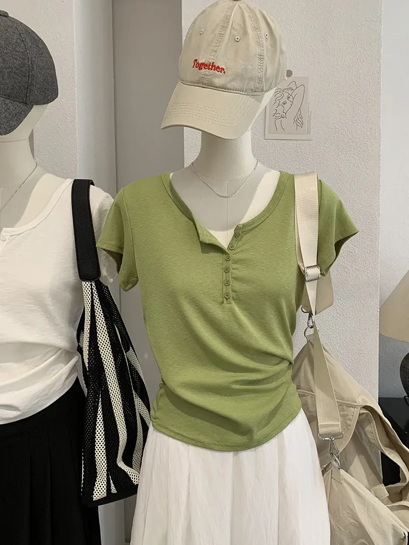 Omalai V-Neck Buttoned Short-Sleeved T-Shirt for Women 2026 Summer Slim Fit Stretchy Pure Color Top 7063 — feature 7