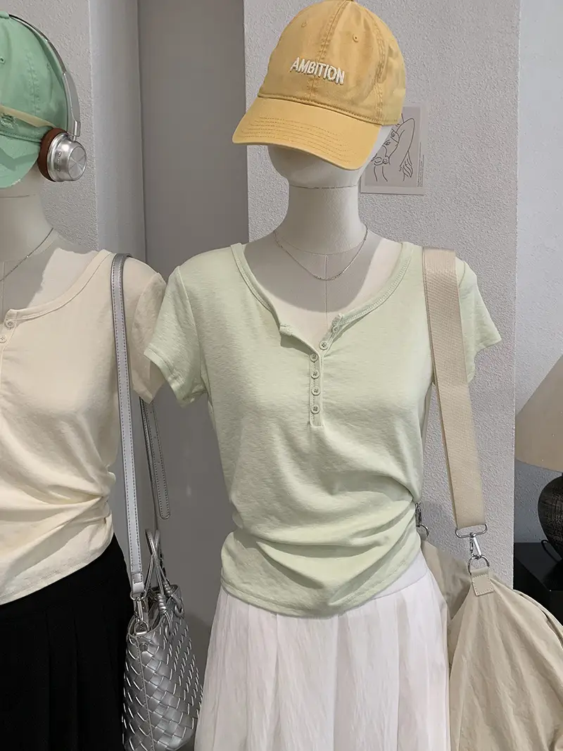Omalai V-Neck Buttoned Short-Sleeved T-Shirt for Women 2026 Summer Slim Fit Stretchy Pure Color Top 7063 — feature 9