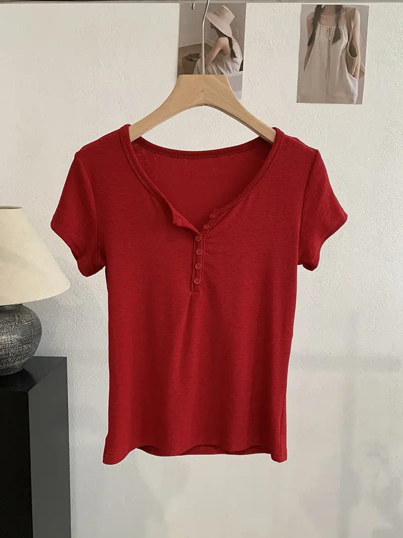 Omalai V-Neck Buttoned Short-Sleeved T-Shirt for Women 2026 Summer Slim Fit Stretchy Pure Color Top 7063