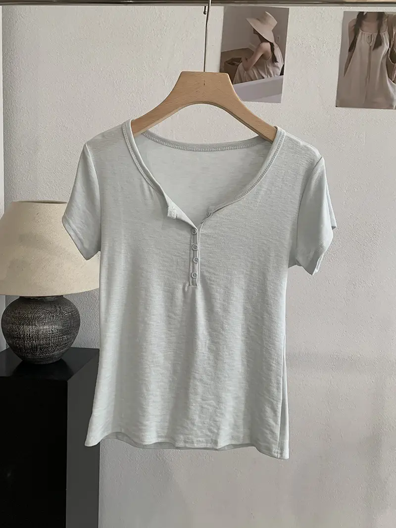 Omalai V-Neck Buttoned Short-Sleeved T-Shirt for Women 2026 Summer Slim Fit Stretchy Pure Color Top 7063