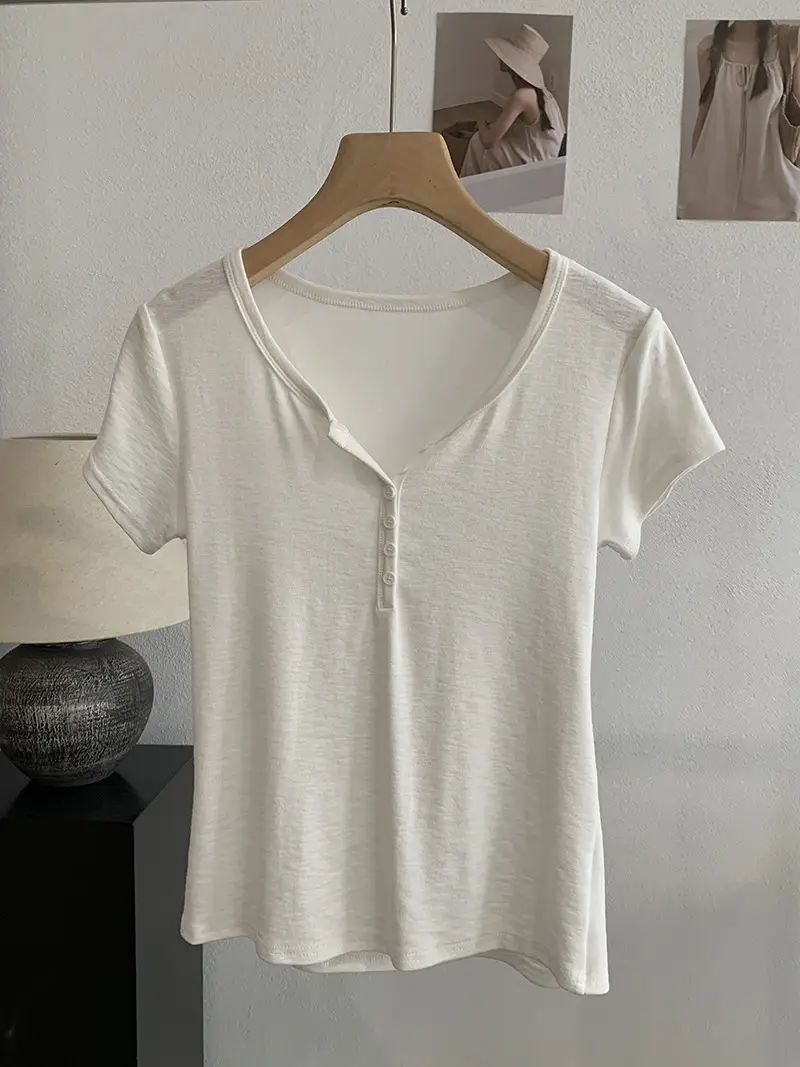 Omalai V-Neck Buttoned Short-Sleeved T-Shirt for Women 2026 Summer Slim Fit Stretchy Pure Color Top 7063