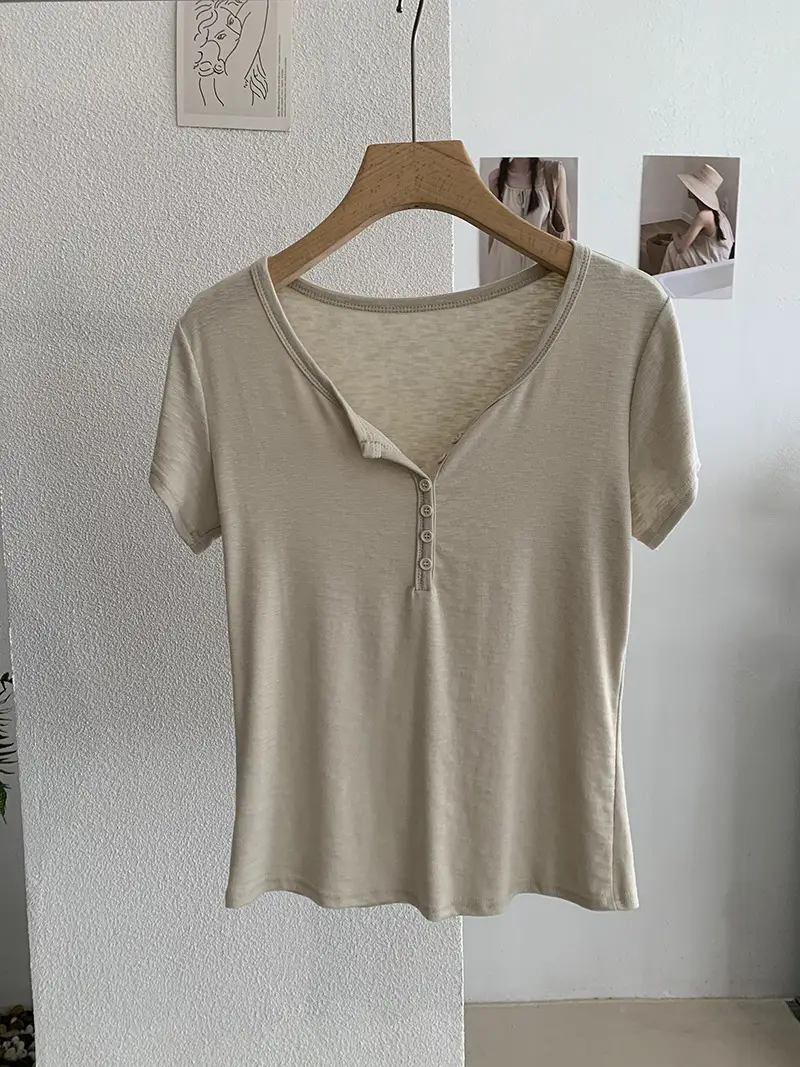 Omalai V-Neck Buttoned Short-Sleeved T-Shirt for Women 2026 Summer Slim Fit Stretchy Pure Color Top 7063