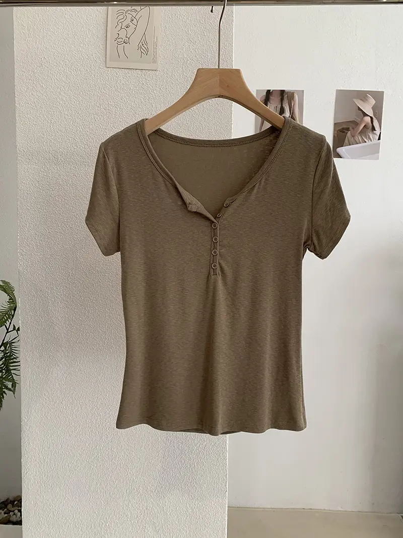 Omalai V-Neck Buttoned Short-Sleeved T-Shirt for Women 2026 Summer Slim Fit Stretchy Pure Color Top 7063