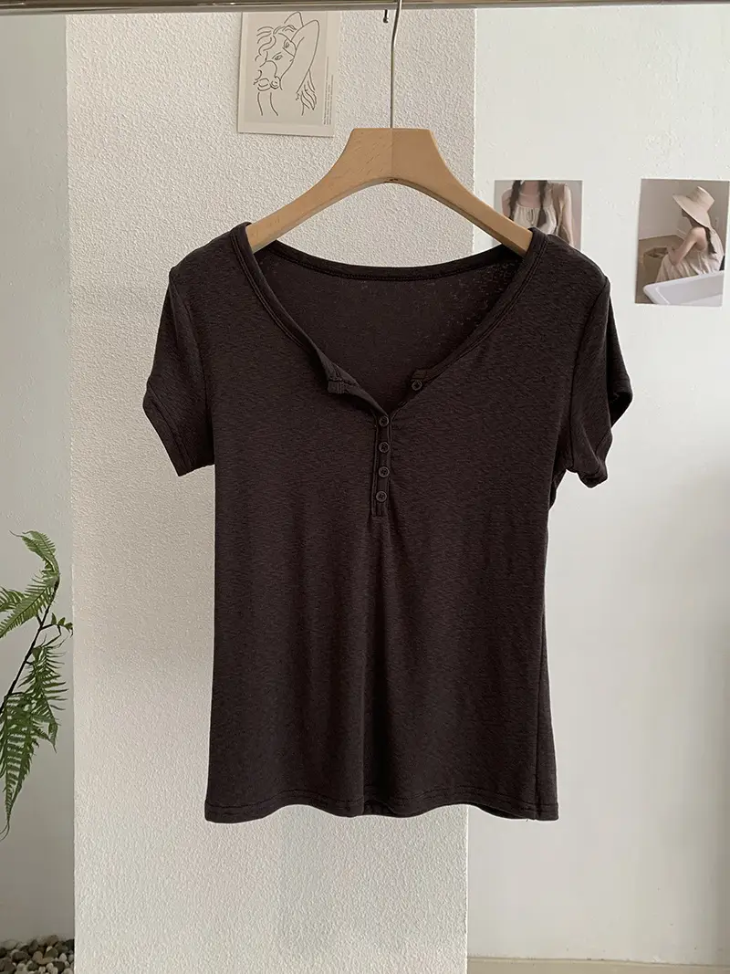 Omalai V-Neck Buttoned Short-Sleeved T-Shirt for Women 2026 Summer Slim Fit Stretchy Pure Color Top 7063