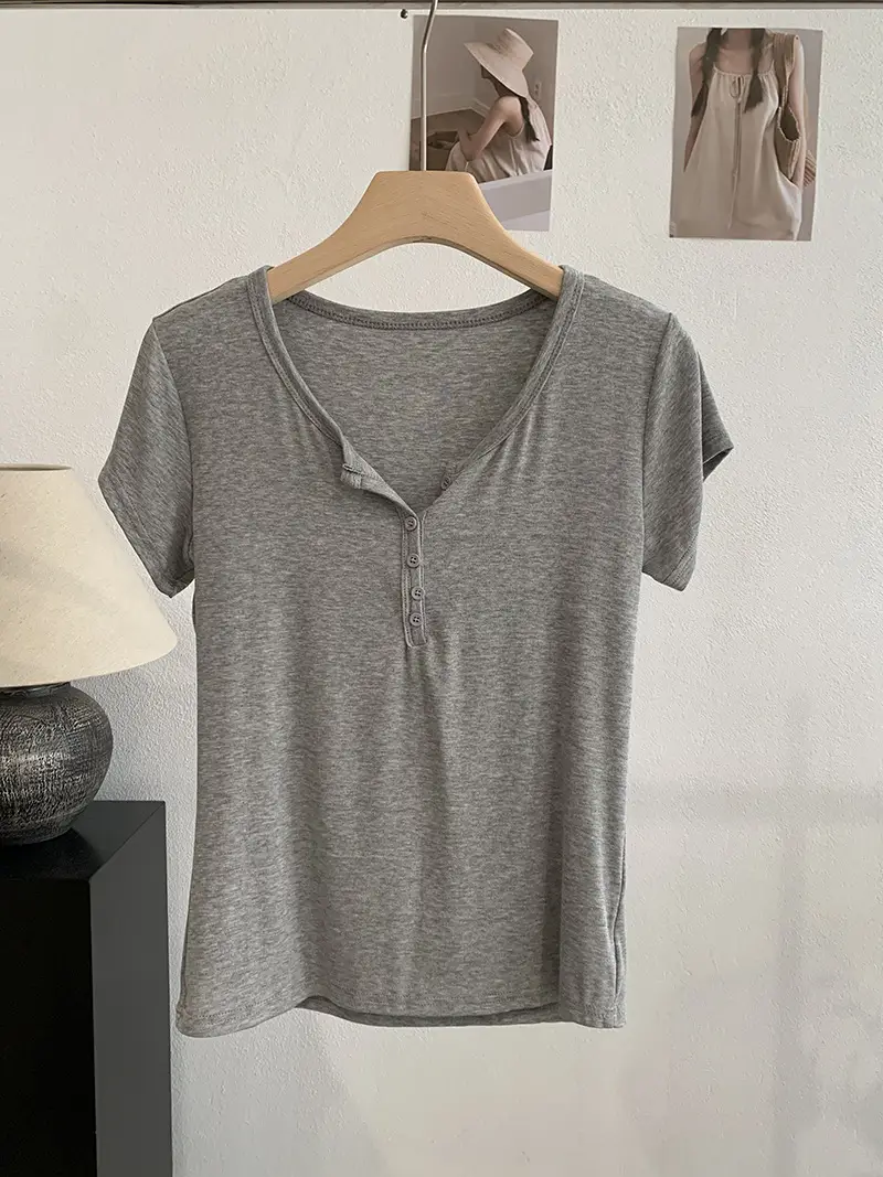 Omalai V-Neck Buttoned Short-Sleeved T-Shirt for Women 2026 Summer Slim Fit Stretchy Pure Color Top 7063