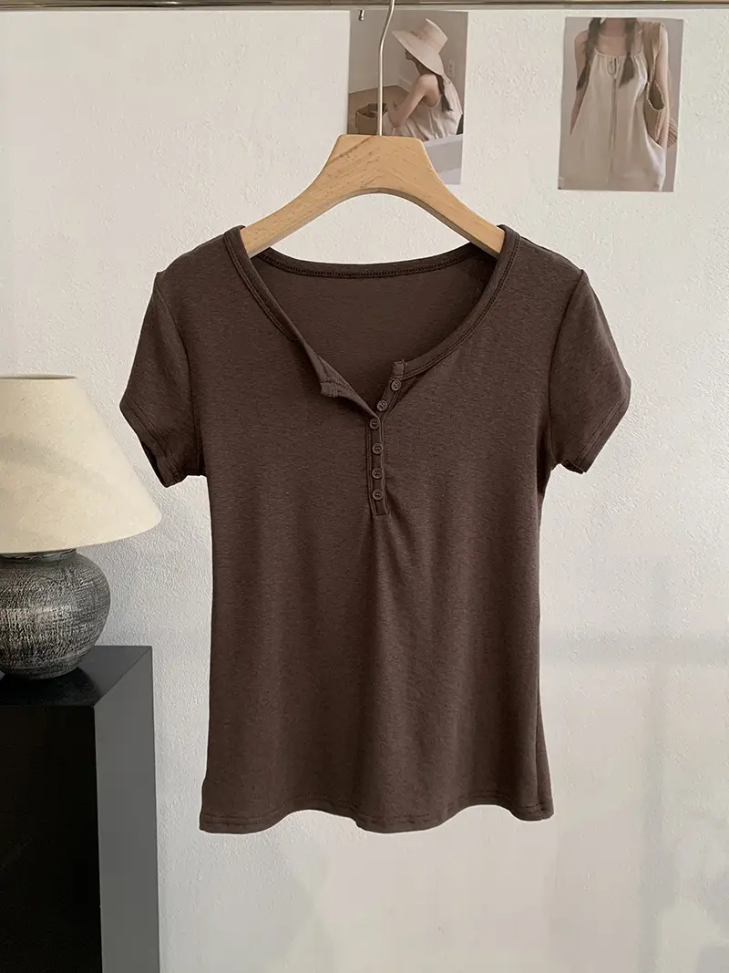 Omalai V-Neck Buttoned Short-Sleeved T-Shirt for Women 2026 Summer Slim Fit Stretchy Pure Color Top 7063