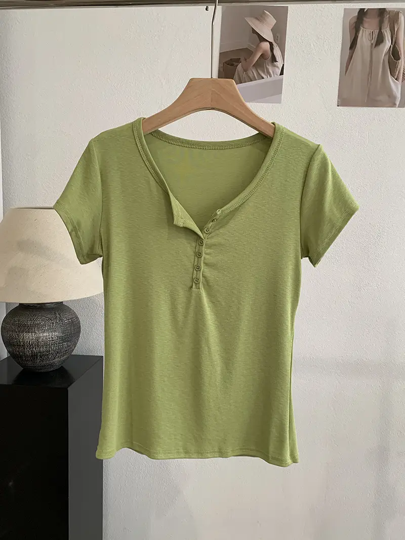 Omalai V-Neck Buttoned Short-Sleeved T-Shirt for Women 2026 Summer Slim Fit Stretchy Pure Color Top 7063