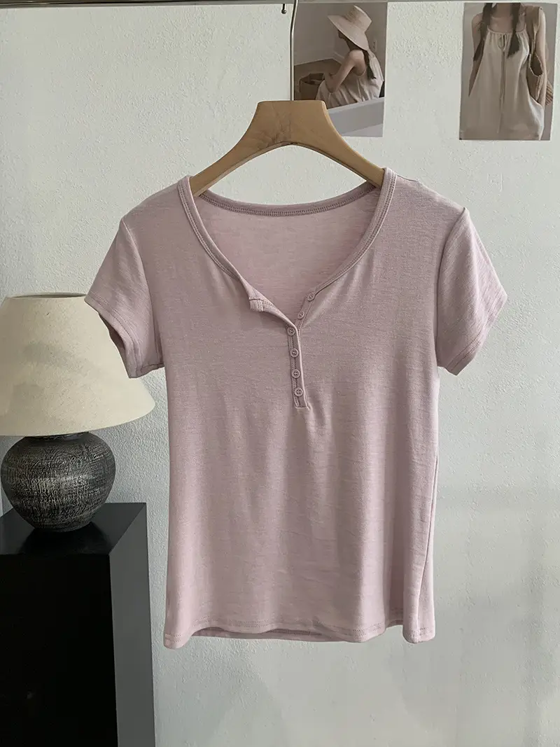 Omalai V-Neck Buttoned Short-Sleeved T-Shirt for Women 2026 Summer Slim Fit Stretchy Pure Color Top 7063
