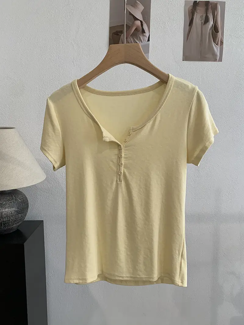Omalai V-Neck Buttoned Short-Sleeved T-Shirt for Women 2026 Summer Slim Fit Stretchy Pure Color Top 7063