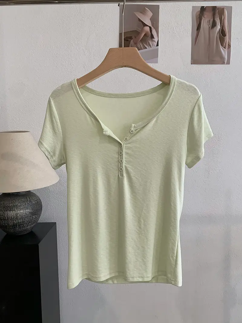 Omalai V-Neck Buttoned Short-Sleeved T-Shirt for Women 2026 Summer Slim Fit Stretchy Pure Color Top 7063