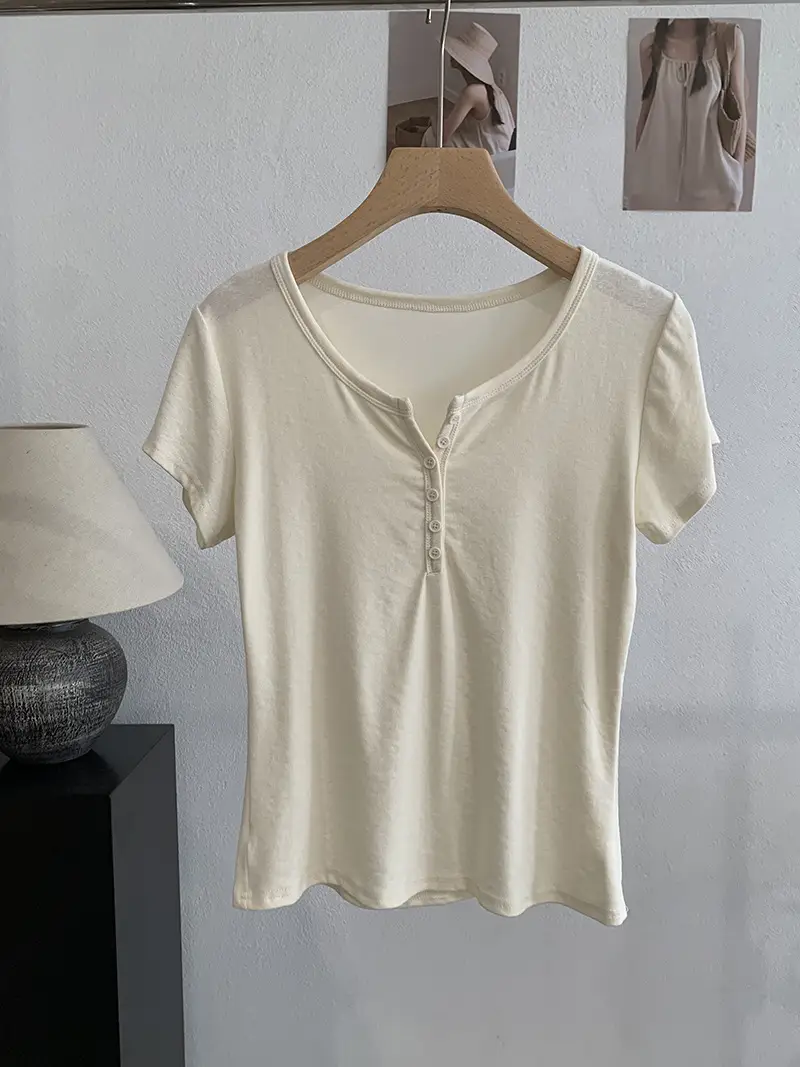 Omalai V-Neck Buttoned Short-Sleeved T-Shirt for Women 2026 Summer Slim Fit Stretchy Pure Color Top 7063