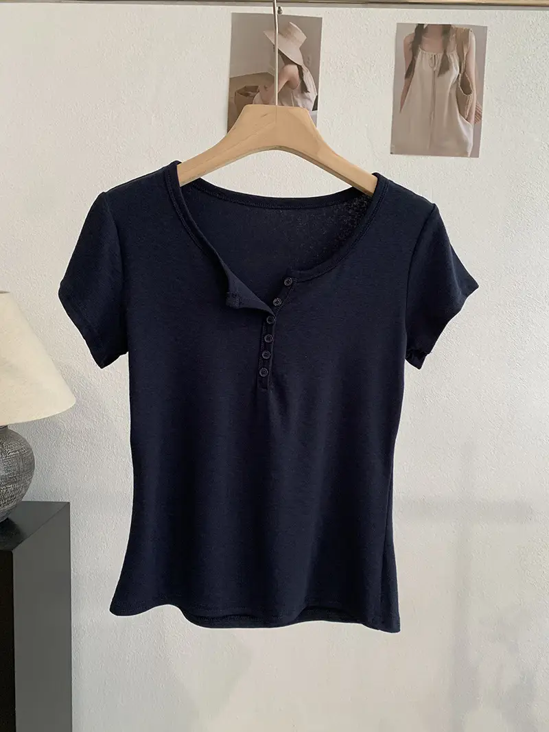 Omalai V-Neck Buttoned Short-Sleeved T-Shirt for Women 2026 Summer Slim Fit Stretchy Pure Color Top 7063