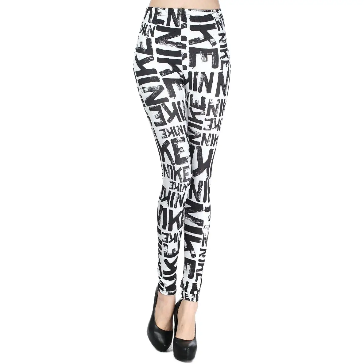 Blue English Letter Printed Ankle-Length Women's Leggings
