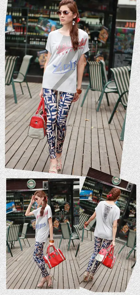 Blue English Letter Printed Ankle-Length Women's Leggings — feature 2