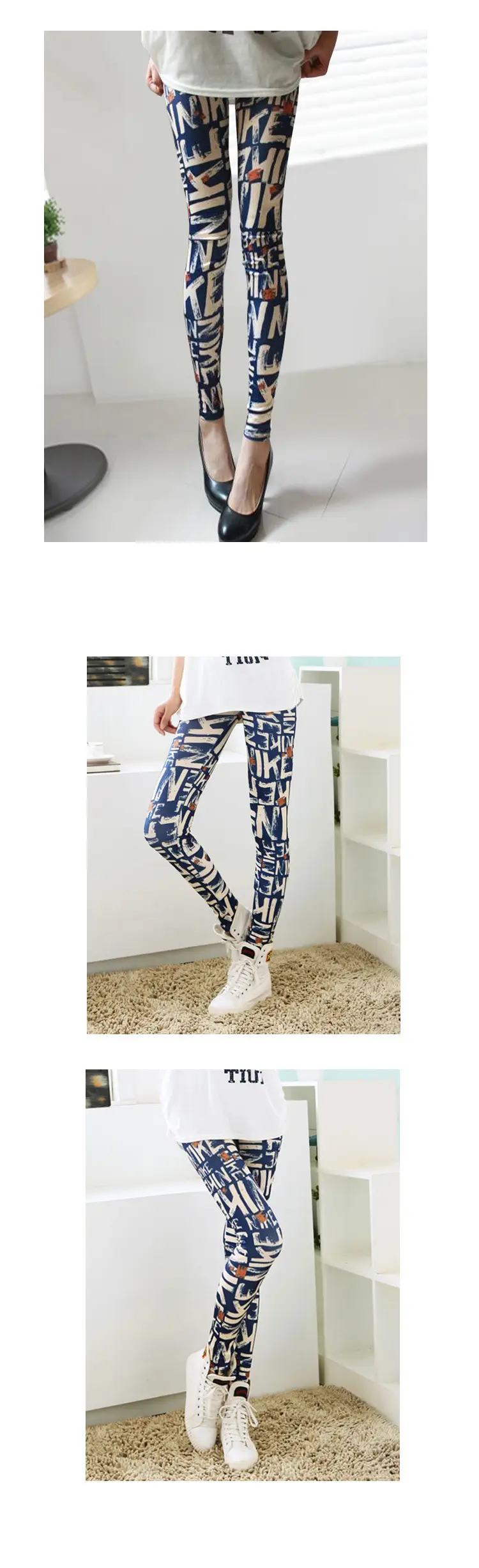 Blue English Letter Printed Ankle-Length Women's Leggings — feature 3