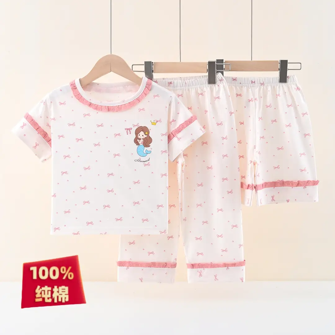 [Class a Pure Cotton] Three-Piece Set of 100% Pure Cotton Pajamas for Boys, Summer Set for Older Boys, Summer Set for Girls