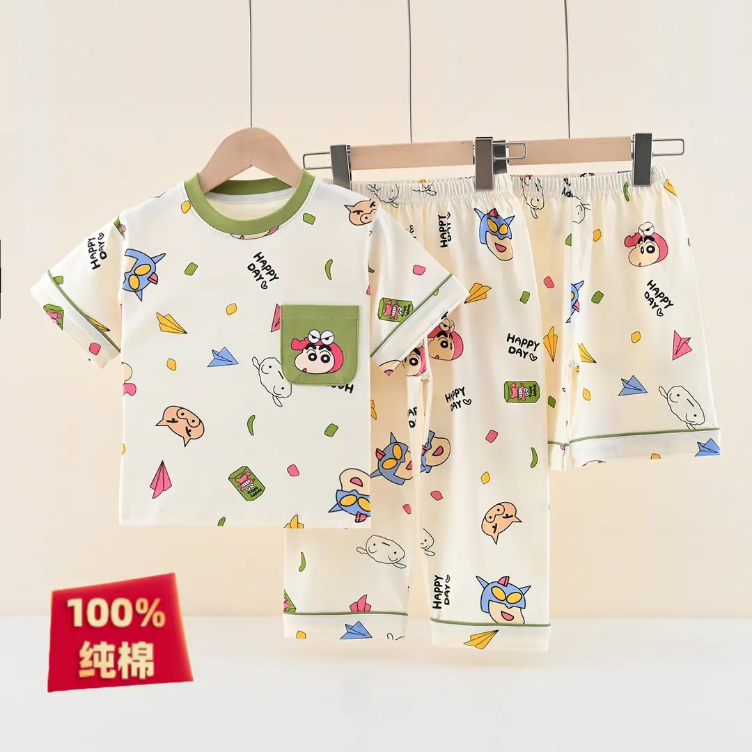 [Class a Pure Cotton] Three-Piece Set of 100% Pure Cotton Pajamas for Boys, Summer Set for Older Boys, Summer Set for Girls