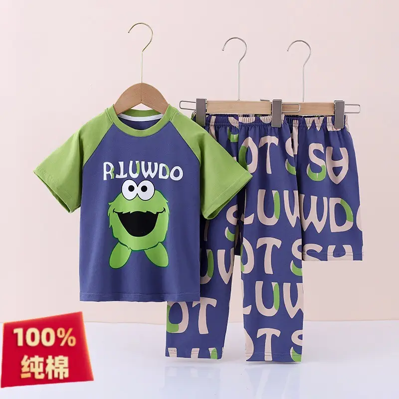 [Class a Pure Cotton] Three-Piece Set of 100% Pure Cotton Pajamas for Boys, Summer Set for Older Boys, Summer Set for Girls