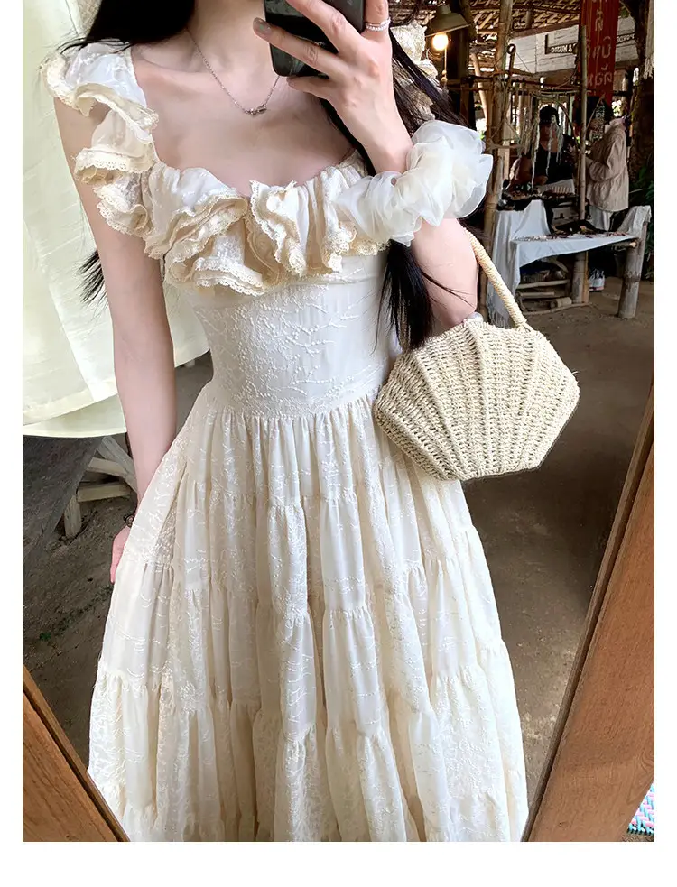 A Sweet Peach-Colored Yikett "Santorini" Heavy-Duty, Extra-Large Skirt Hem, Cinched Waist, Strap Dress for Women, Vacation Dress — feature 10