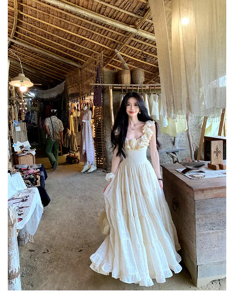 A Sweet Peach-Colored Yikett "Santorini" Heavy-Duty, Extra-Large Skirt Hem, Cinched Waist, Strap Dress for Women, Vacation Dress — feature 11