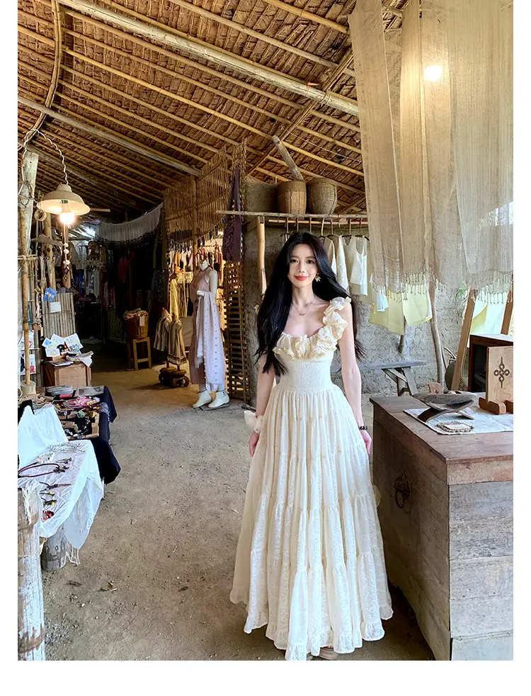 A Sweet Peach-Colored Yikett "Santorini" Heavy-Duty, Extra-Large Skirt Hem, Cinched Waist, Strap Dress for Women, Vacation Dress — feature 14
