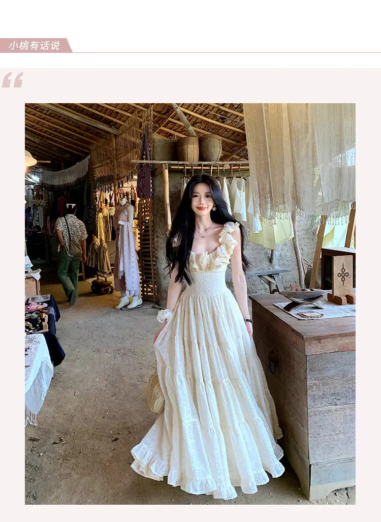 A Sweet Peach-Colored Yikett "Santorini" Heavy-Duty, Extra-Large Skirt Hem, Cinched Waist, Strap Dress for Women, Vacation Dress — feature 2