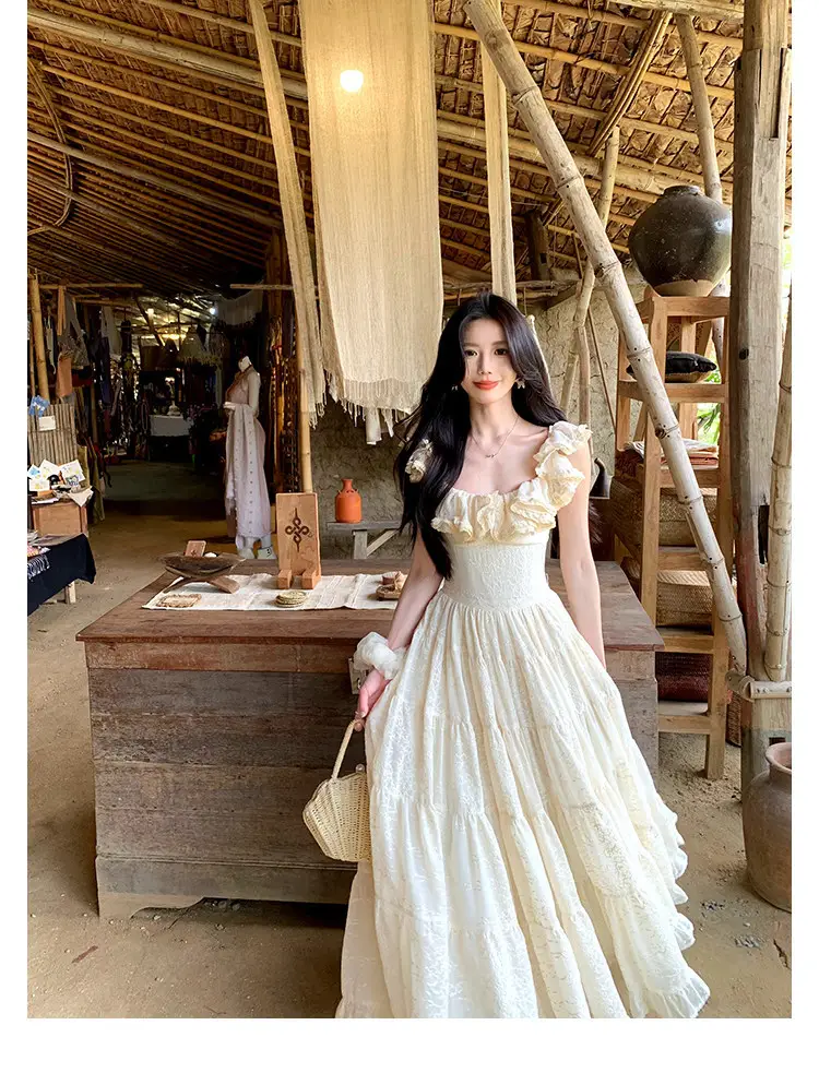 A Sweet Peach-Colored Yikett "Santorini" Heavy-Duty, Extra-Large Skirt Hem, Cinched Waist, Strap Dress for Women, Vacation Dress — feature 8